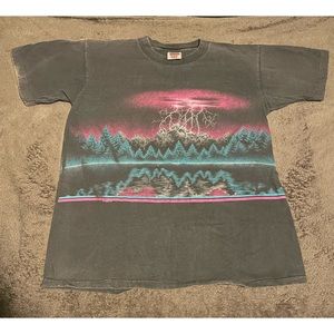 Vintage Made in USA single stitch T-Shirt graphic Tee Lighting and Forest Print
